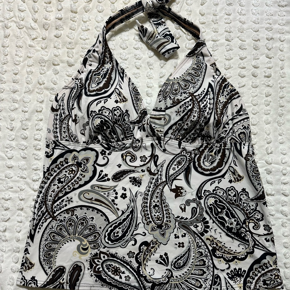 Lands' End Black, Brown, Tan, and White Paisley Tankini Top
